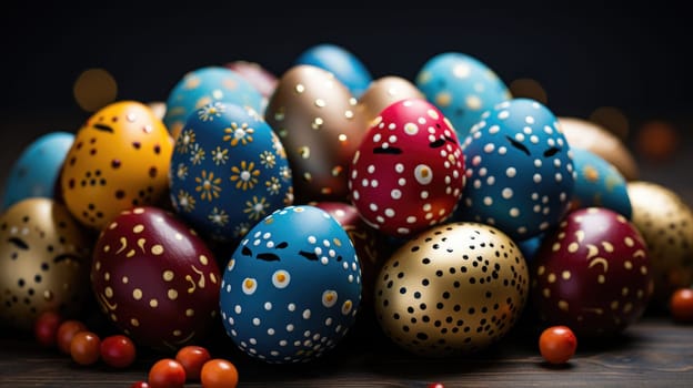 A festive Easter scene with a colorful pile of painted eggs on a table.