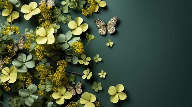 A cluster of yellow flowers with butterflies interacting on a vibrant green backdrop.