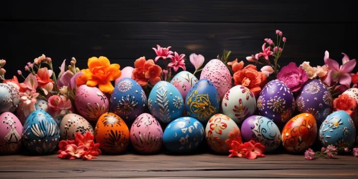 Collection of vibrant Easter eggs arranged on a rustic wooden surface.