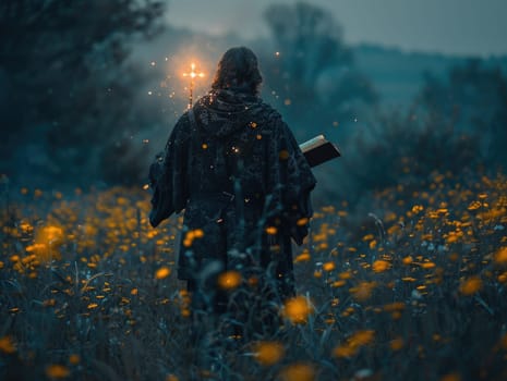 A person standing in a field, deeply engrossed in reading a book.