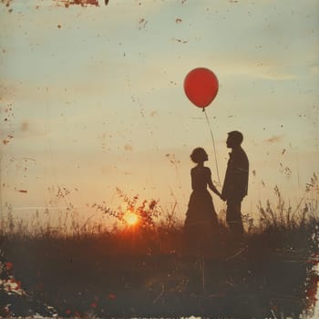 A silhouette of a man and a woman standing close together, holding a red balloon.