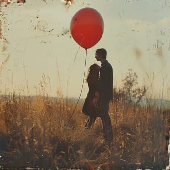 A couple standing close together, holding a red balloon.
