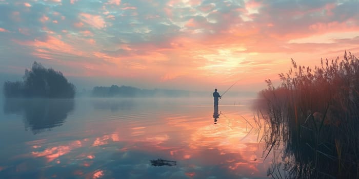 A person standing in the water with a fishing rod.