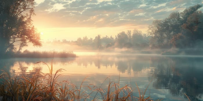 The sun is setting over a serene lake, casting a warm glow on the water.
