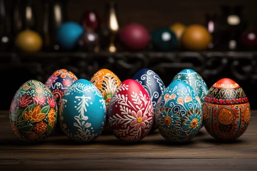 Colorful Easter eggs painted by hand are neatly arranged in a row on a wooden table.