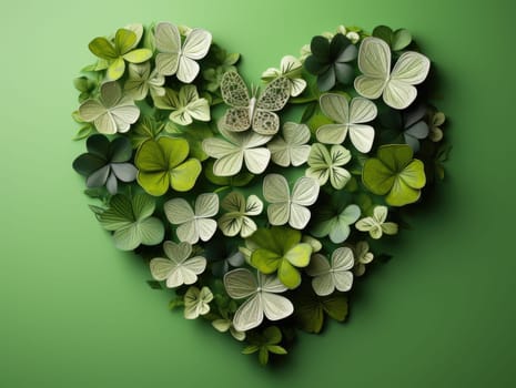 A heart-shaped arrangement of green and white flowers for St. Patricks Day celebrations.