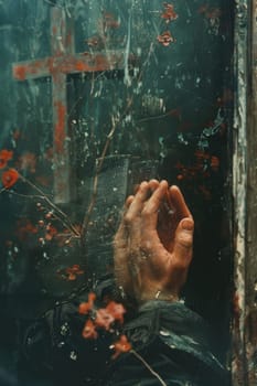 A person extends their hand out of a window, showing the action of reaching or feeling the outside environment.