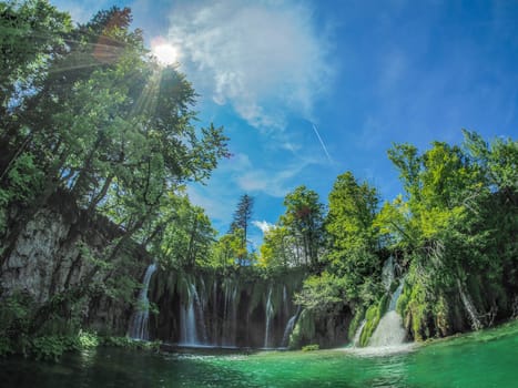 A Summer view of water lakes and beautiful waterfalls in Plitvice Lakes National Park, Croatia