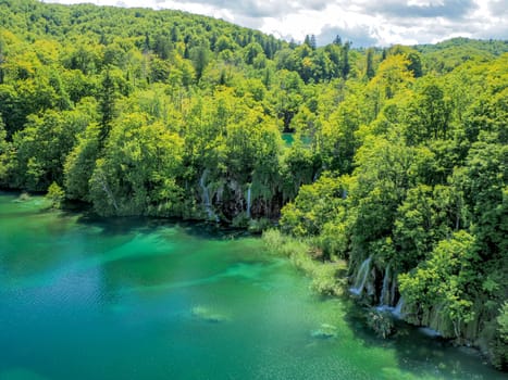 Aerial big Summer view of water lakes and beautiful waterfalls in Plitvice Lakes National Park, Croatia