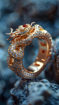 A gold ring with a dragon design is placed on a rock by a tree trunk. The intricate circle pattern contrasts against the natural wood and soil backdrop