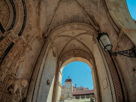 Trogir medieval town in Dalmatia Croatia UNESCO World Heritage Site Old city and building detail.