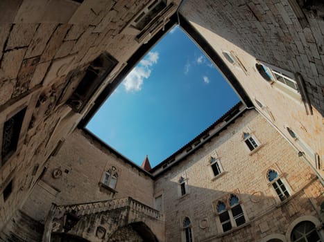 Loggia of Trogir medieval town in Dalmatia Croatia UNESCO World Heritage Site Old city and building detail.