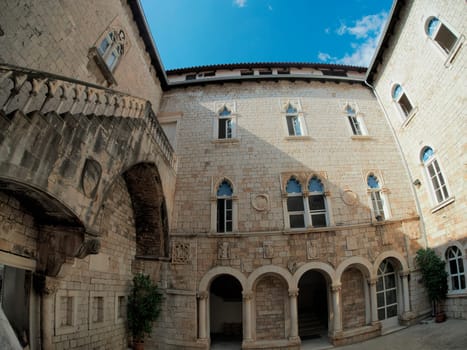 Loggia of Trogir medieval town in Dalmatia Croatia UNESCO World Heritage Site Old city and building detail.