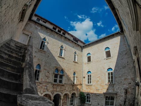Loggia of Trogir medieval town in Dalmatia Croatia UNESCO World Heritage Site Old city and building detail.