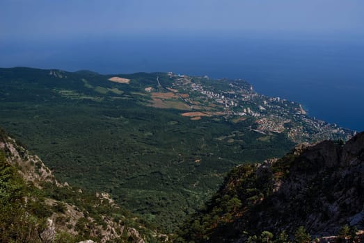 View from the mountain, below is a valley flowing into the Black Sea.The blue colour of the sea from above is beautiful.