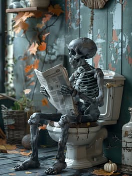 A sculpture depicting a skeleton sitting on a toilet reading a newspaper, crafted from metal and glass. The artwork blends fiction with visual arts
