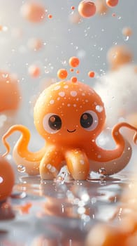 A vibrant orange octopus toy is floating in the liquid, surrounded by bubbles. The closeup macro photography captures the cephalopods marine invertebrate beauty