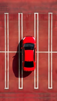 an overhead perspective of a red vehicle stationed in a parking area under automotive lighting, the cars deep carmine shade contrasting with the electric blue surroundings