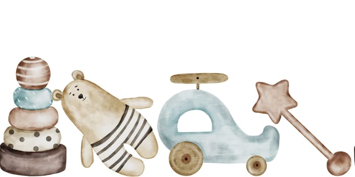 Children's toys watercolor. Hand drawn isolated on white background seamless border of wooden children's items. Pyramid, teddy bear, rattle and helicopter. For children's textiles and cards for baby shower and birthday. High quality illustration