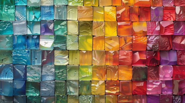 A colorful glass tiles are stacked together to make a pattern