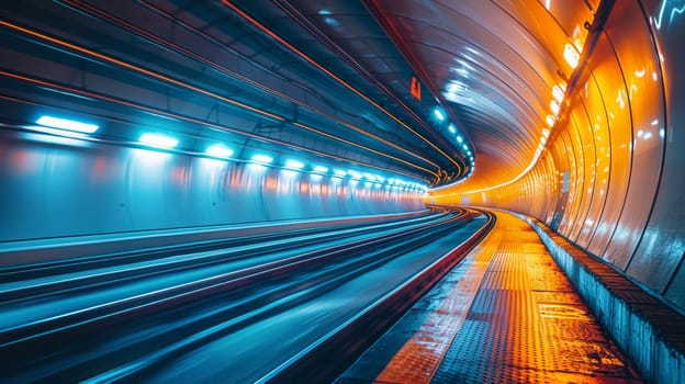 A train is moving through a tunnel with lights on