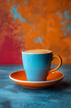 A cup of coffee on saucer with orange rim and blue background