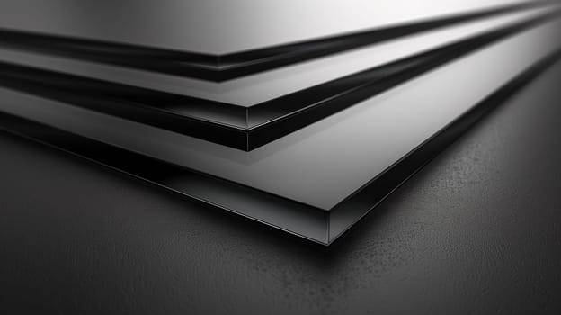 A close up of a stack of black metal sheets on top of each other