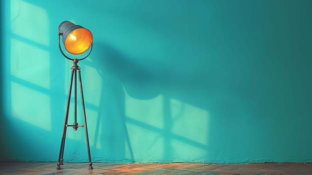 A lamp on a floor in front of an empty blue wall