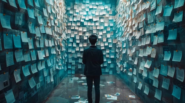 A man standing in a room with many notes stuck to the wall