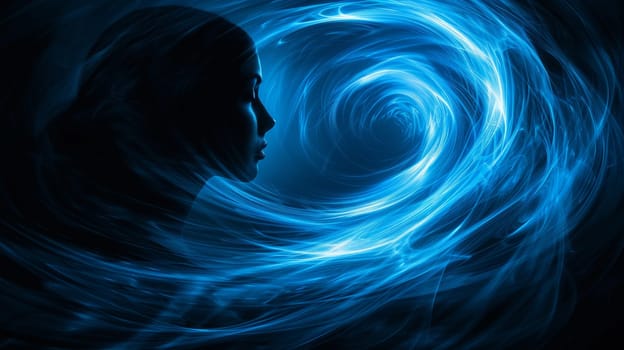 A woman's face is in the center of a swirling vortex