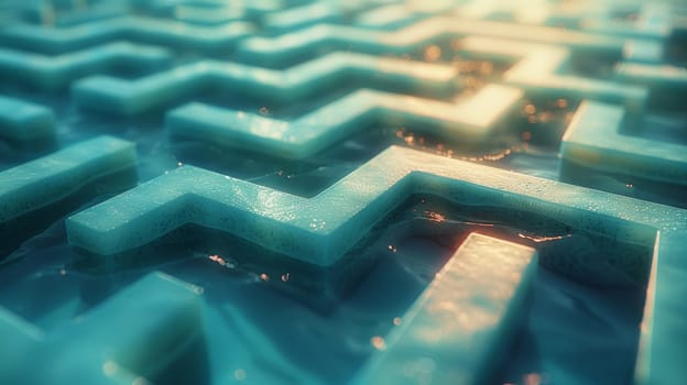 A close up of a maze with water running through it