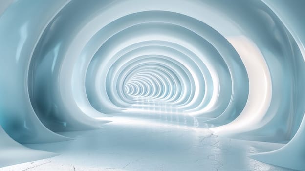 A tunnel of white and blue shapes with a light at the end