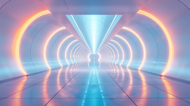 A long tunnel with neon lights and a blue floor