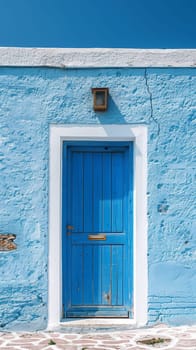 A blue door with a white light on it sitting next to the wall