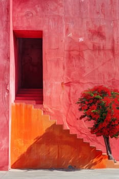 A red wall with a tree in front of it and stairs
