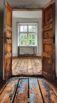 An open door to a room with wood floors and an old window