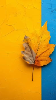 A yellow and blue striped wall with a leaf on it