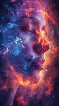 A woman's face is surrounded by colorful stars