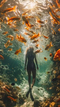 A woman in a wetsuit swimming through an ocean of fish