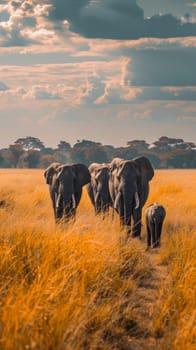 A herd of a group of elephants walking through the grass