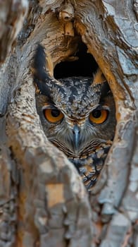 An owl peeking out of a hollow tree trunk with yellow eyes