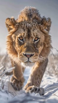 A lion walking through the snow in a field