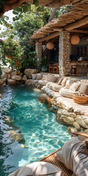 A natural landscape surrounds a large swimming pool, with rocks, trees, and a patio creating a serene atmosphere for leisure and relaxation