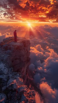 A man standing on a cliff overlooking the clouds and sun