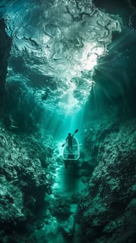 A man in a boat paddling through the ocean under water