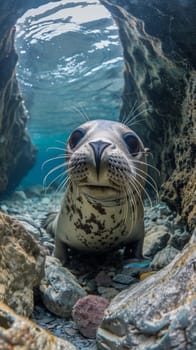 A seal is looking at the camera underwater in a cave