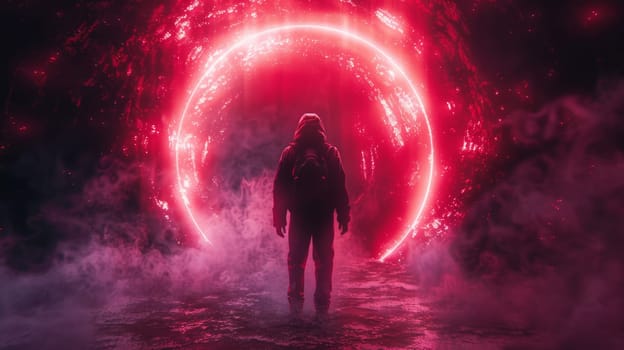 A person standing in front of a red glowing tunnel