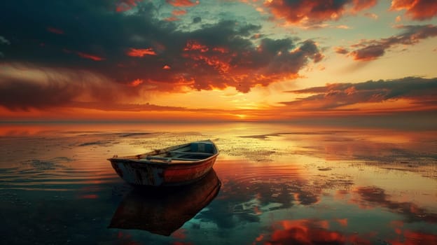 A boat is sitting on the water at sunset