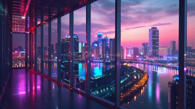 A city skyline lit up at night from a window in an office building