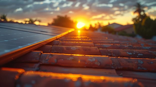 Solar Panels on House Roof at Sunset. Solar Energy Alternative Energy Renewable Concept. Photovoltaic Technology. Ai generated